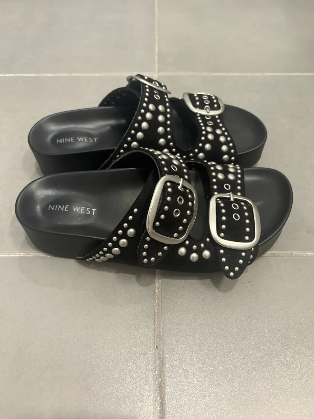 Nine West Black Studded Double-Buckle Slide Sandals